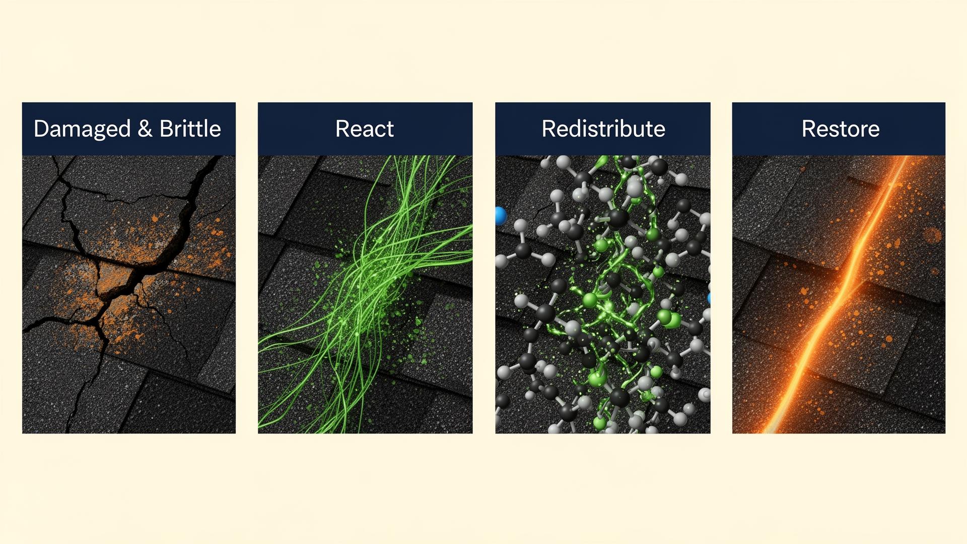 Diagram: Damaged & Brittle, React, Redistribute, Restore — shingle rejuvenation process