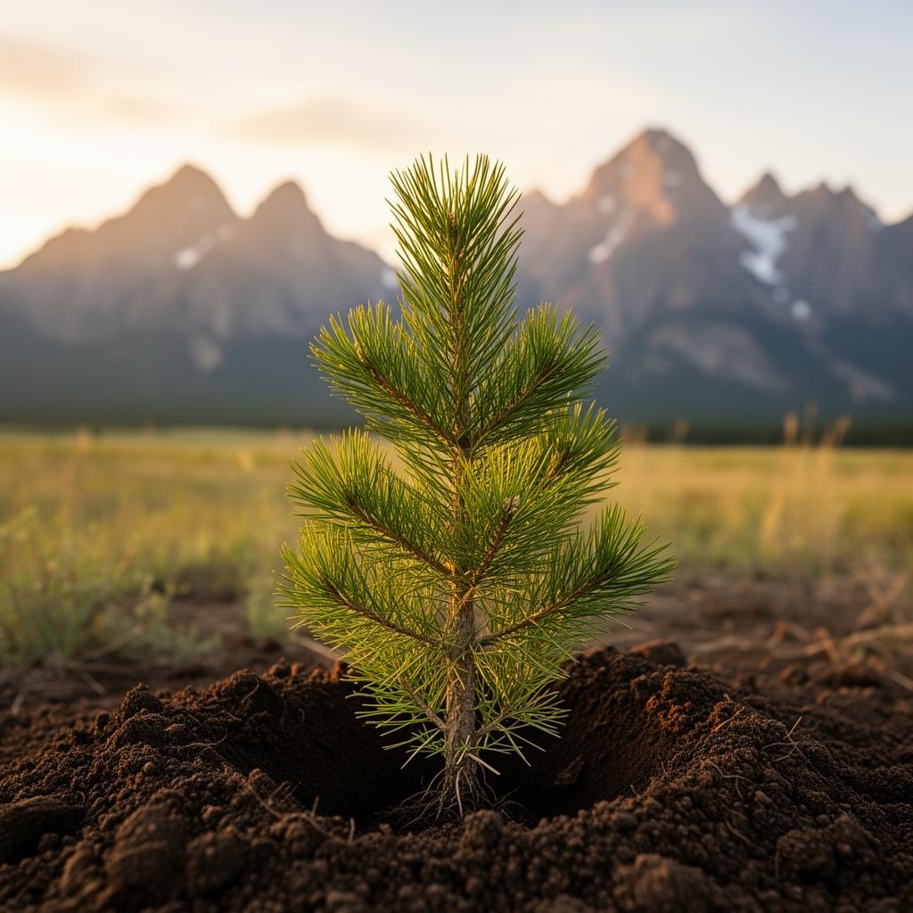A young pine sapling planted in Wyoming soil with the Rockies in the background